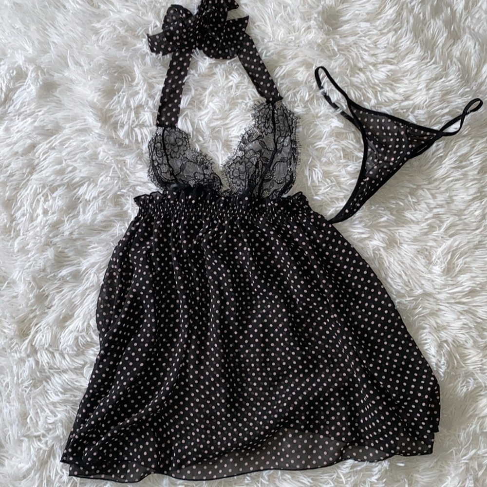 Victoria’s Secret Y2K pink polka halter babydoll nighty & thong